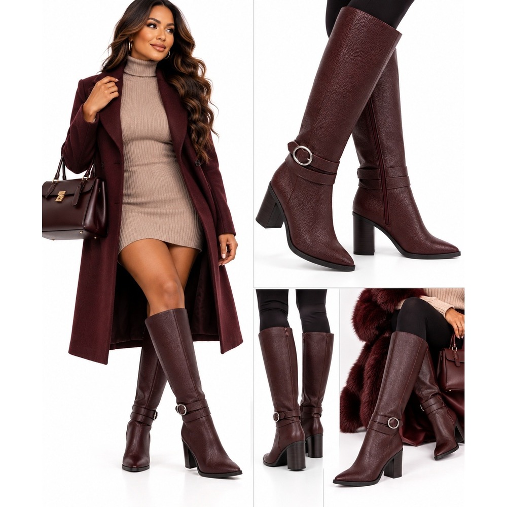 A New Day Rhonda Knee High Heeled Boots Burgundy Faux Leather Pointed Toe Sz 9.5